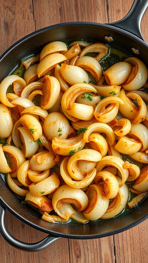 Sautéed White Onion Recipe Sautéed white onions in a skillet, golden brown and garnished with herbs.